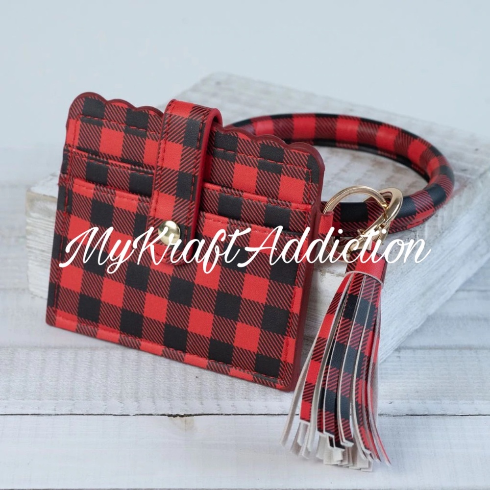 Bangle Bracelet Keychain Wallet Faux Black/Red Leather